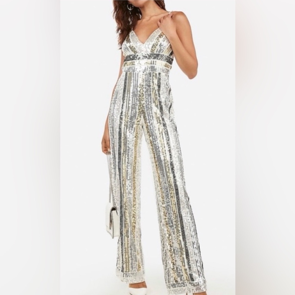 Express Silver & Gold Sequin Striped V-Neck Jumpsuit